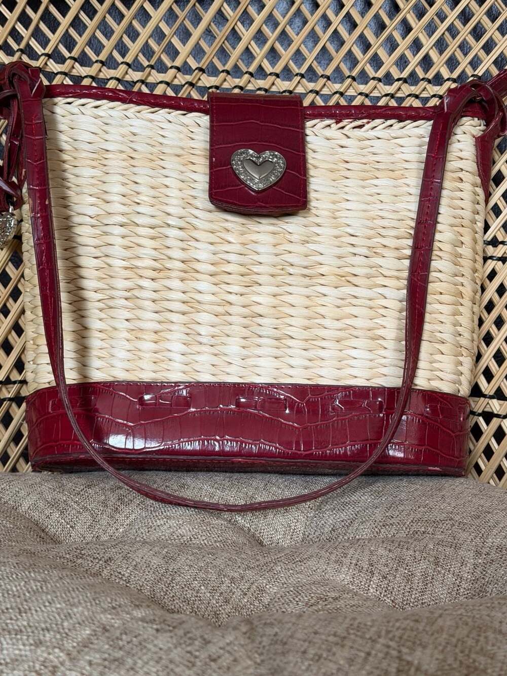 Vintage Woven Straw Shoulder Bag Red Croc Leather
